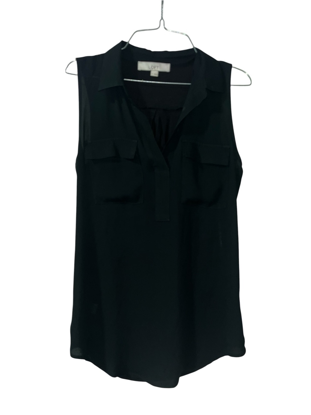 LOFT Black Sleeveless Collared V-Neck Shell with Front Flap Pockets